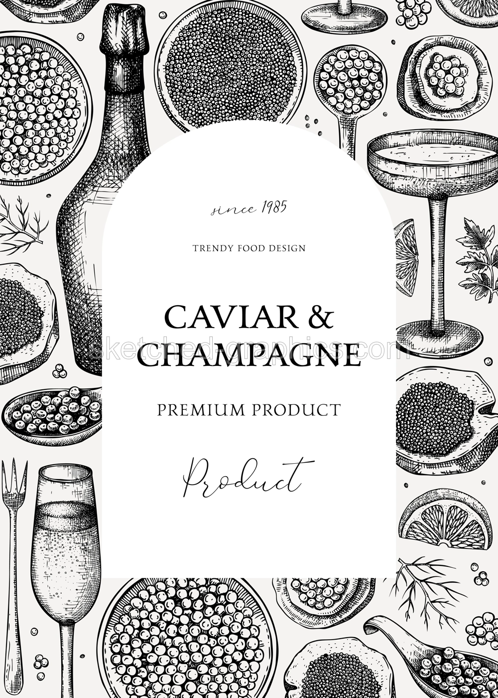 Caviar and champagne hand drawn illustration. Hand drawn frame design with red caviar canape, canned black caviar, sparkling wine bottle, glasses sketches. Seafood vintage background Illustration